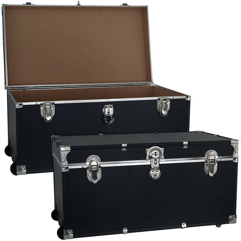 Footlocker Trunk with Wheels, 33", Nickel Hardware, Black Trooper Footlocker Trunk with Wheels, 33", Nickel Hardware, Black Trooper