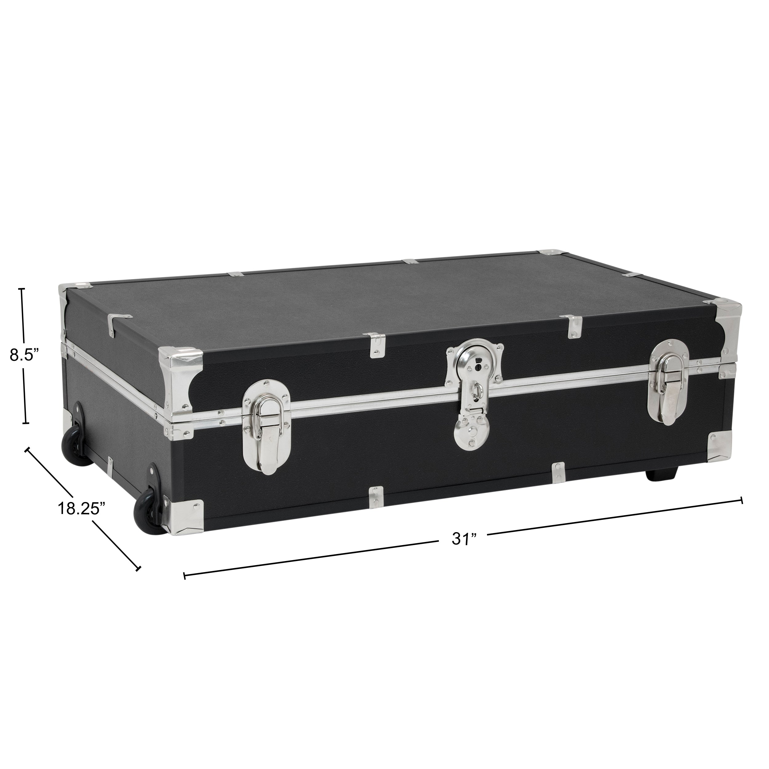 Dimensions, 8.5 inches high, 18.25 inches deep, 31 inches wide - Seward Under the Bed 31" Trunk with Wheels & Lock, Black Dimensions, 8.5 inches high, 18.25 inches deep, 31 inches wide - Seward Under the Bed 31" Trunk with Wheels & Lock, Black
