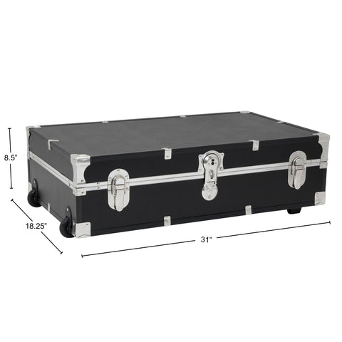 Dimensions, 8.5 inches high, 18.25 inches deep, 31 inches wide - Seward Under the Bed 31" Trunk with Wheels & Lock, Black Dimensions, 8.5 inches high, 18.25 inches deep, 31 inches wide - Seward Under the Bed 31" Trunk with Wheels & Lock, Black