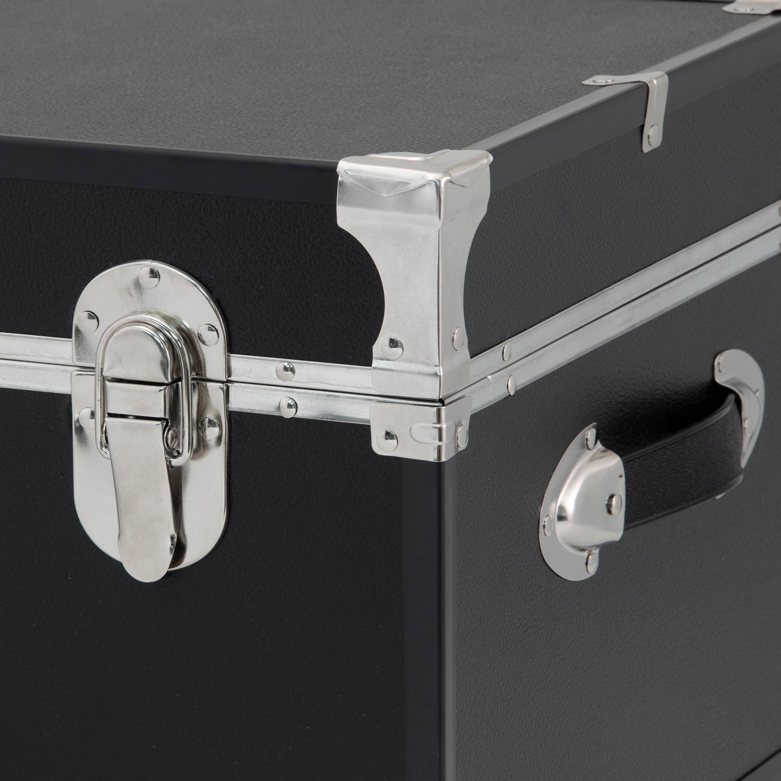 Closeup of metal siding and clasp - Seward Rover 30" Trunk with Wheels & Lock, Black Closeup of metal siding and clasp - Seward Rover 30" Trunk with Wheels & Lock, Black