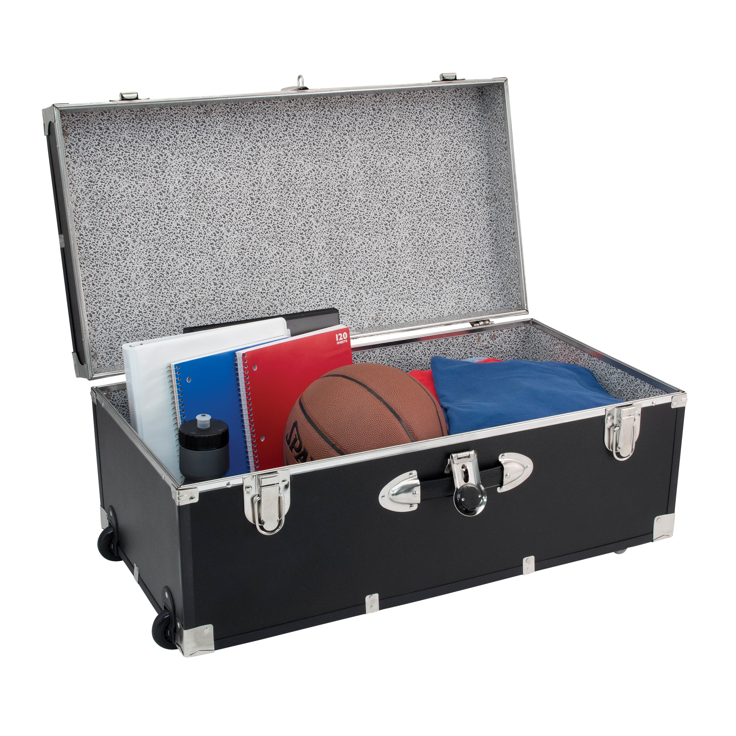 Opened trunk with folders, basketball, sportswear, and waterbottle - Seward Rover 30" Trunk with Wheels & Lock, Black Opened trunk with folders, basketball, sportswear, and waterbottle - Seward Rover 30" Trunk with Wheels & Lock, Black