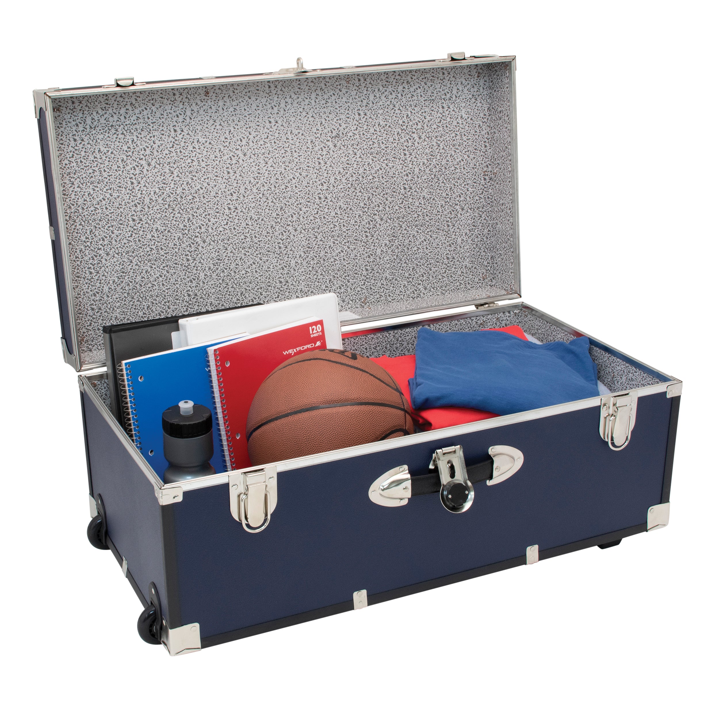 Opened trunk with folders, basketball, sportswear, and water bottle - Seward Rover 30" Trunk with Wheels & Lock, Blue Opened trunk with folders, basketball, sportswear, and water bottle - Seward Rover 30" Trunk with Wheels & Lock, Blue