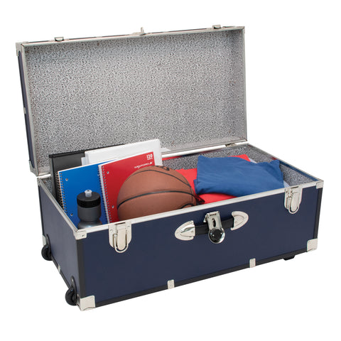 Opened trunk with folders, basketball, sportswear, and water bottle - Seward Rover 30" Trunk with Wheels & Lock, Blue Opened trunk with folders, basketball, sportswear, and water bottle - Seward Rover 30" Trunk with Wheels & Lock, Blue