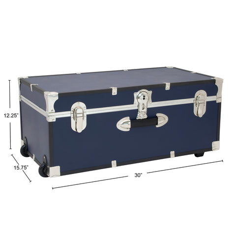 Dimensions, 12.25 inches high, 15.75 inches deep, 30 inches long - Seward Rover 30" Trunk with Wheels & Lock, Blue Dimensions, 12.25 inches high, 15.75 inches deep, 30 inches long - Seward Rover 30" Trunk with Wheels & Lock, Blue