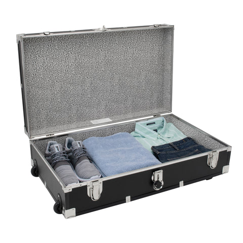 Opened main compartment with shoes, shirts, and pants - Seward Under the Bed 31" Trunk with Wheels & Lock, Black