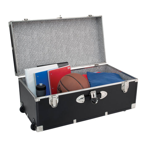 Opened trunk with folders, basketball, sportswear, and waterbottle - Seward Rover 30" Trunk with Wheels & Lock, Black