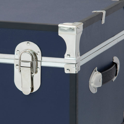 Closeup of metal siding, buckle, and handle - Seward Rover 30" Trunk with Wheels & Lock, Blue