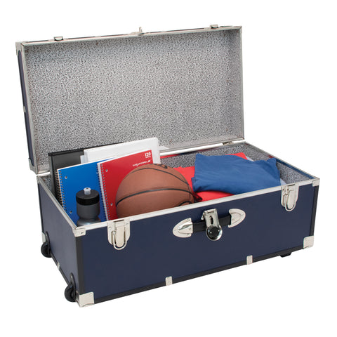 Opened trunk with folders, basketball, sportswear, and water bottle - Seward Rover 30" Trunk with Wheels & Lock, Blue