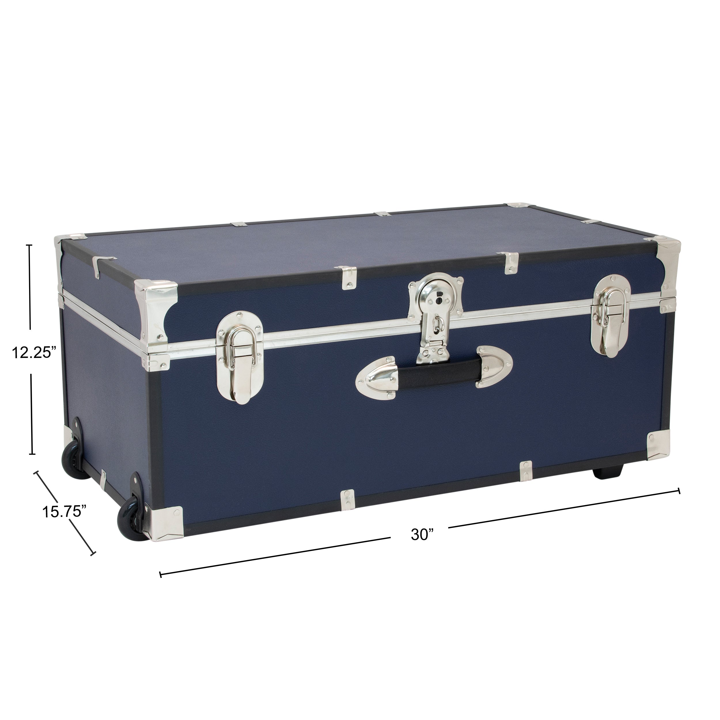Dimensions, 12.25 inches high, 15.75 inches deep, 30 inches long - Seward Rover 30" Trunk with Wheels & Lock, Blue